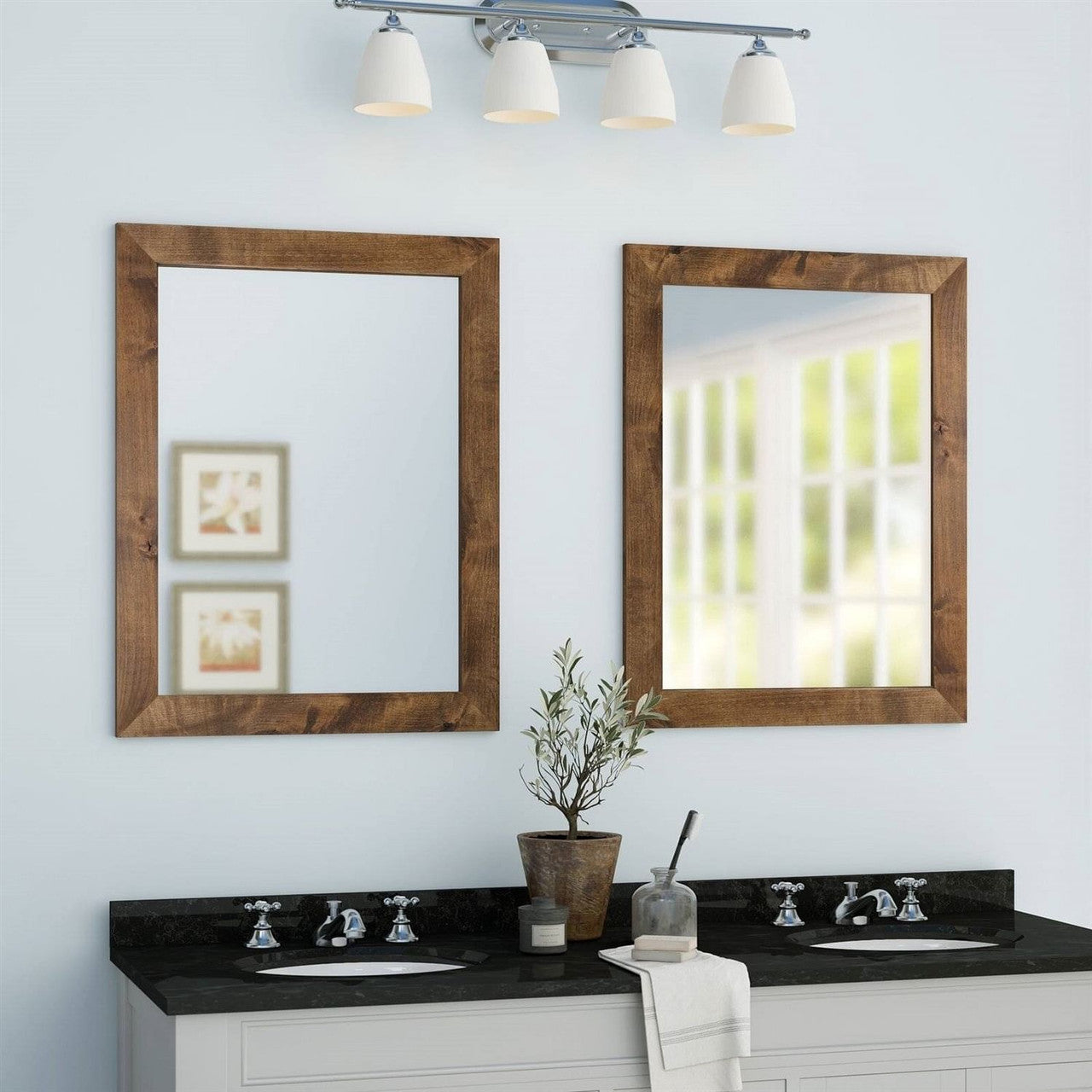 Set of 2 Modern Farmhouse Mirror Set Distressed Brown Wood Frame 31 x 24 inch-1