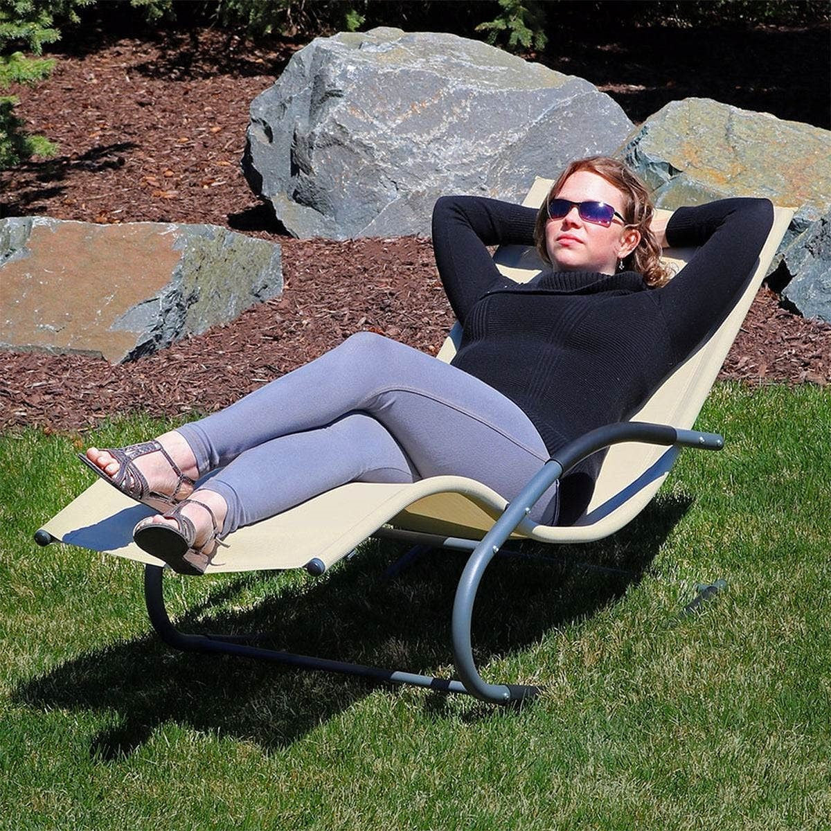 Modern Beige Rocking Chaise Lounger Patio Lounge Chair with Pillow-1