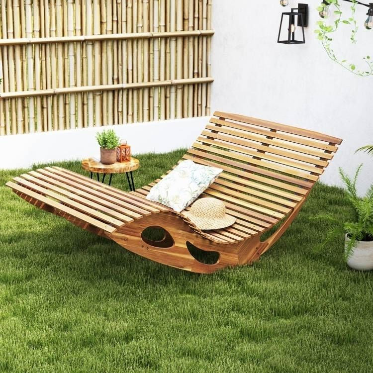 2-Seater Adirondack Slatted Acacia Patio Dual Rocker Sunbed Wood Lounger-0