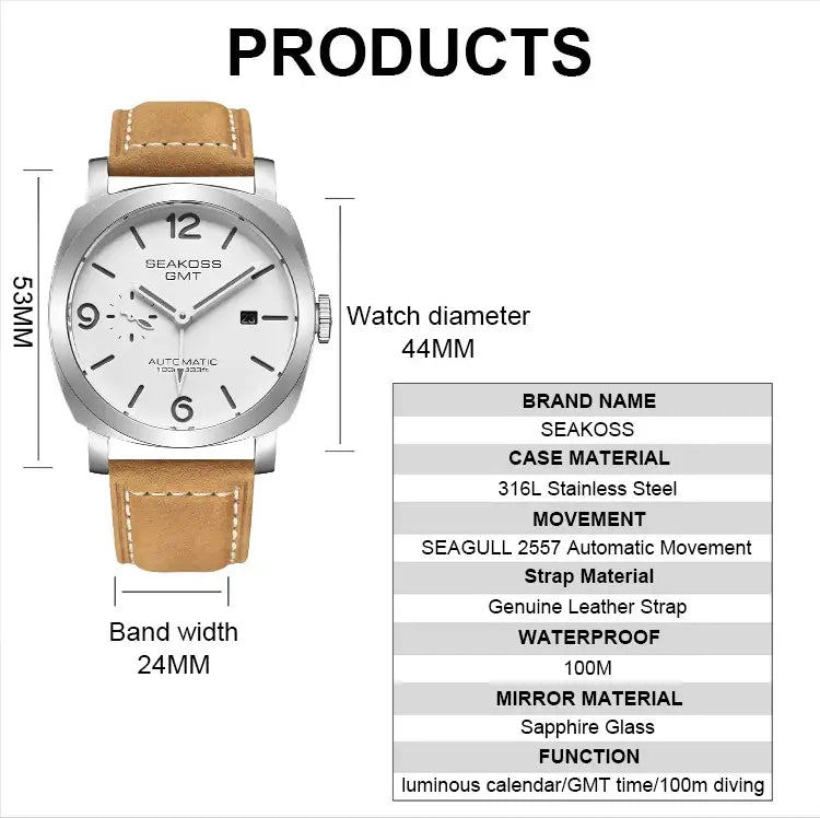 SEAKOSS GMT Diving Automatic Mechanical Watch 10Bar Men 1963 Seagull 2557 Movement Super Luminous Calendar Sapphire