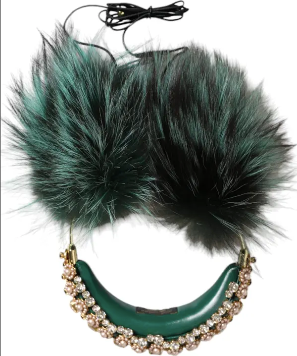 Dolce & Gabbana Green Gold Crystal Fur Headphones