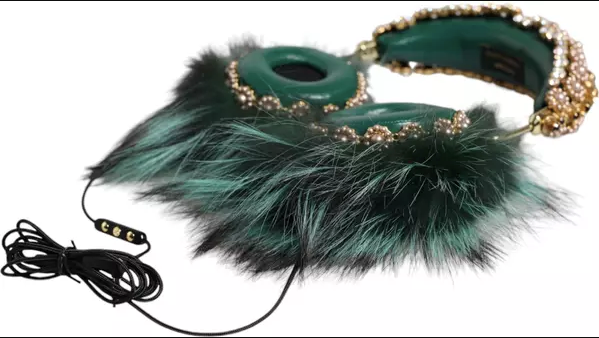Dolce & Gabbana Green Gold Crystal Fur Headphones