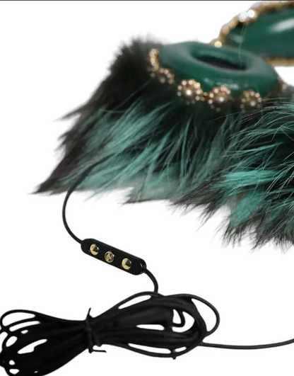 Dolce & Gabbana Green Gold Crystal Fur Headphones