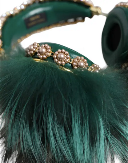 Dolce & Gabbana Green Gold Crystal Fur Headphones