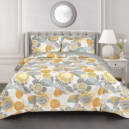 Full/Queen 3 Piece Reversible Yellow Grey Teal Floral Leaves Cotton Quilt Set-2
