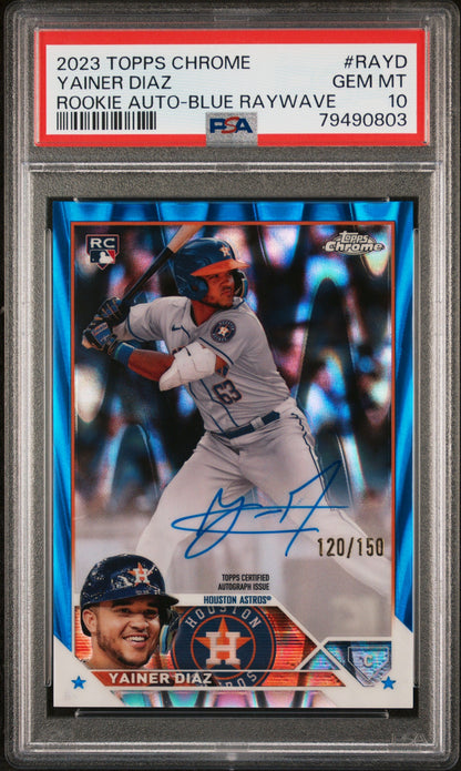 Yainer Diaz 2023 Topps Chrome Blue Raywave Auto PSA 10 Gem Mint