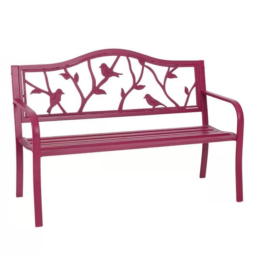 Red Steel Frame Outdoor Patio Garden Bench with Bird Branch Pattern Backrest-0