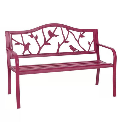 Red Steel Frame Outdoor Patio Garden Bench with Bird Branch Pattern Backrest-0
