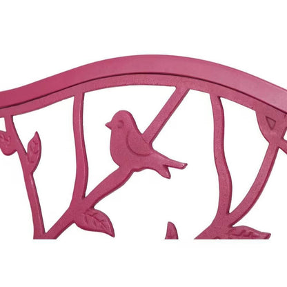 Red Steel Frame Outdoor Patio Garden Bench with Bird Branch Pattern Backrest-1