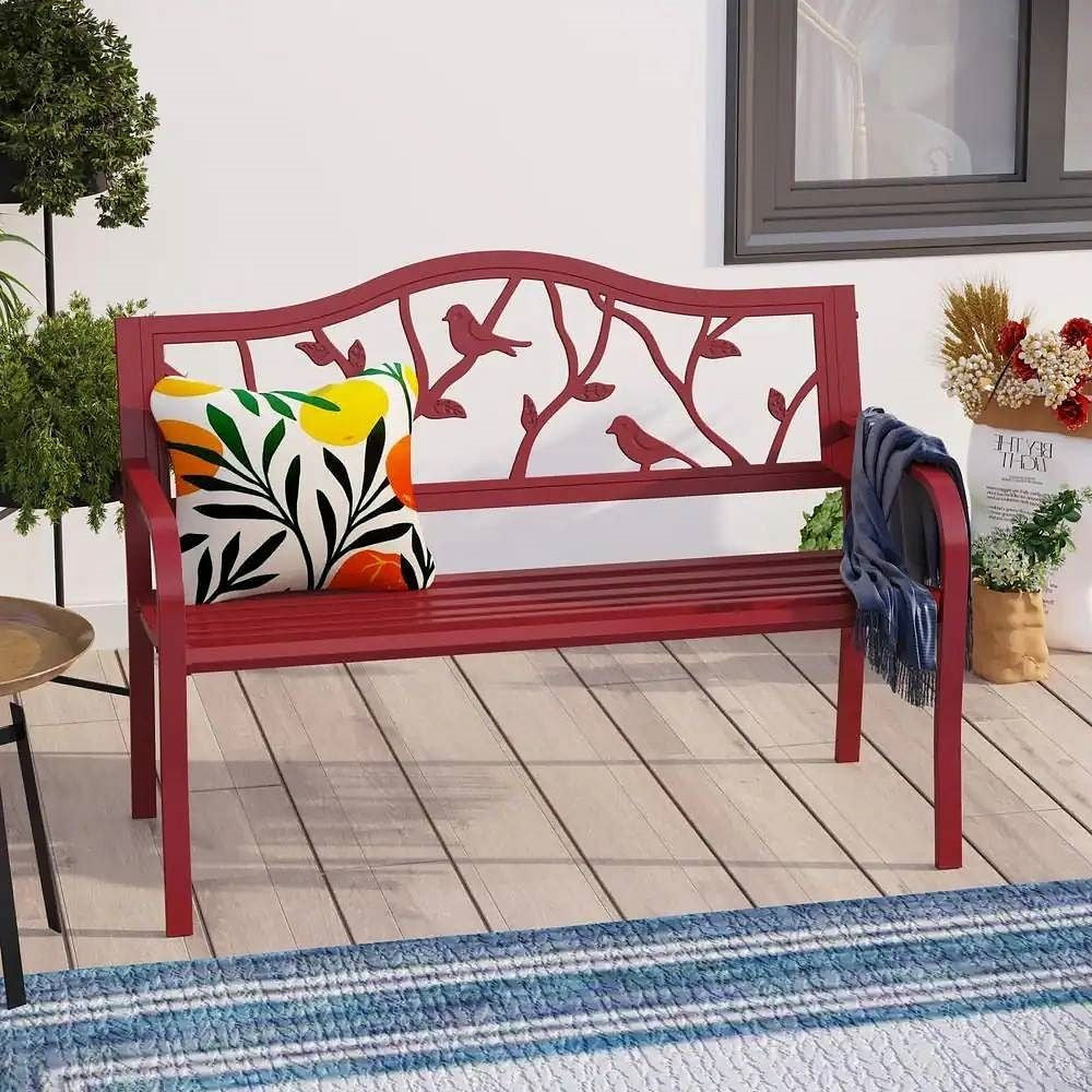 Red Steel Frame Outdoor Patio Garden Bench with Bird Branch Pattern Backrest-2