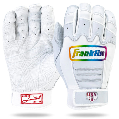 Franklin Sports Womens Fastpitch Softball Batting Gloves - Aura CFX Pro FP Womens + Girls Batting Gloves for Softball + Baseball - White + Multicolor Chrome Pair - Adult Small