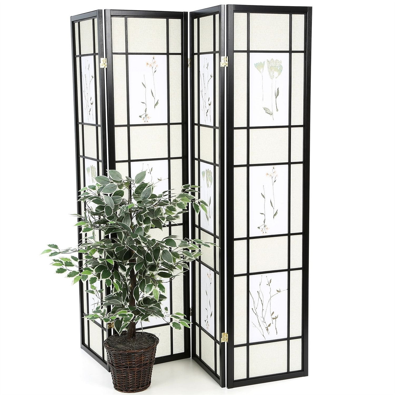Black 4-Panel Room Divider Shoji Screen with Asian Floral Print-0