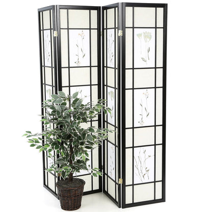 Black 4-Panel Room Divider Shoji Screen with Asian Floral Print-0