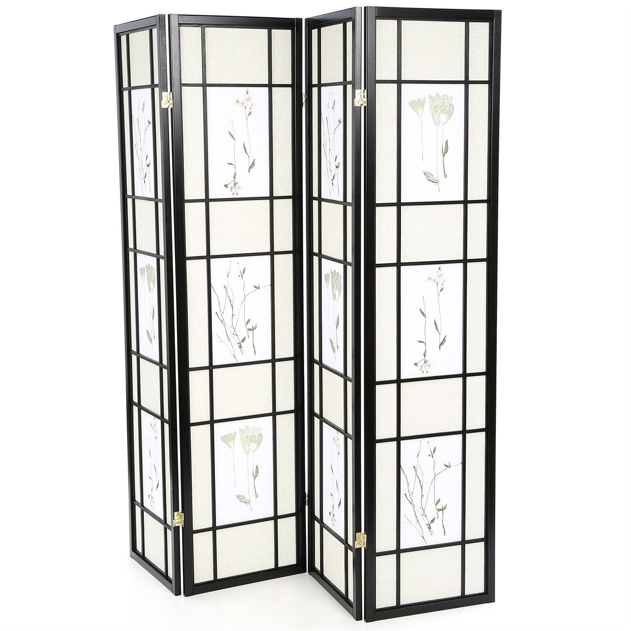 Black 4-Panel Room Divider Shoji Screen with Asian Floral Print-2
