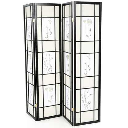 Black 4-Panel Room Divider Shoji Screen with Asian Floral Print-2