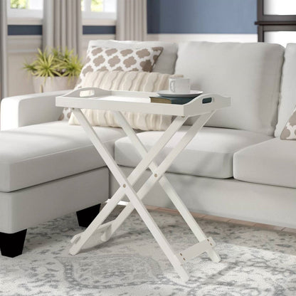 Folding TV Tray Bedside Table in White Wood Finish-2