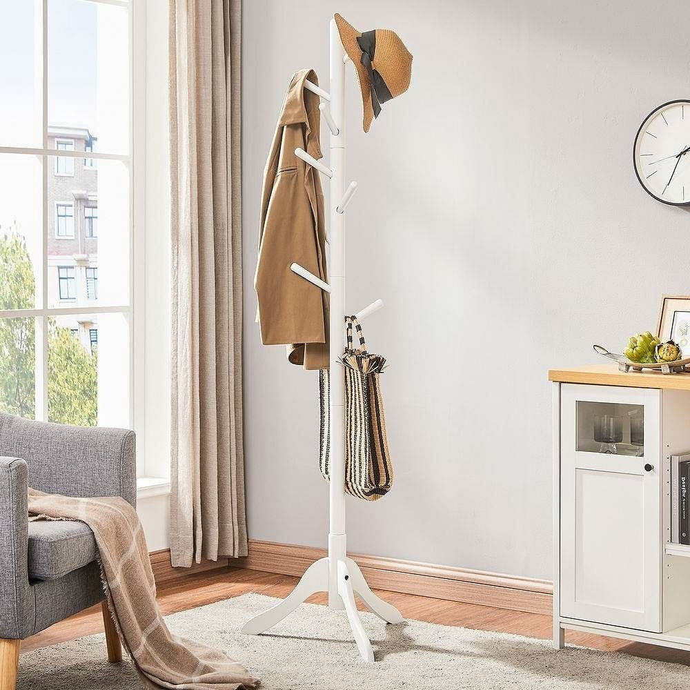 Modern Solid Wood Coat Rack in White Finish with 8 Hooks-0