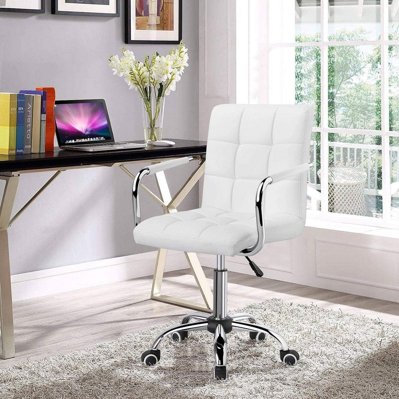 White Modern Faux Leather Mid-Back Swivel Office Chair with Armrests and Wheels-0