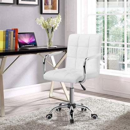 White Modern Faux Leather Mid-Back Swivel Office Chair with Armrests and Wheels-0