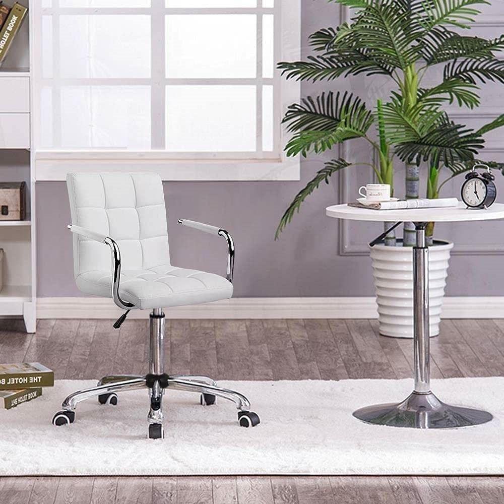 White Modern Faux Leather Mid-Back Swivel Office Chair with Armrests and Wheels-1