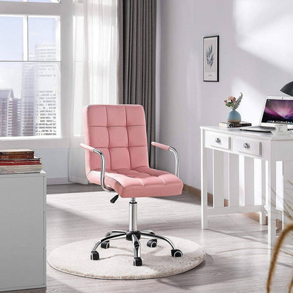 Pink Modern Faux Leather Mid-Back Swivel Office Chair with Armrests and Wheels-1
