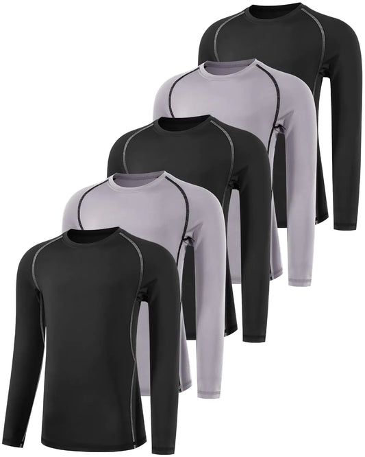 ATTIQOZI Boys Compression Shirts Youth Long Sleeve Football Baseball Undershirt Sports Quick Dry Athletic Baselayer 456 Pack Bl/Gr/Bl/Gr/Bl XS