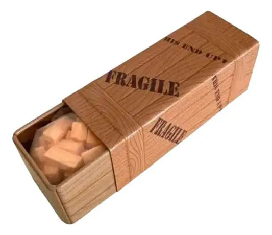 Wooden box marked FRAGILE with pink foam for A Christmas Story Fra-Gee-Lay Candy