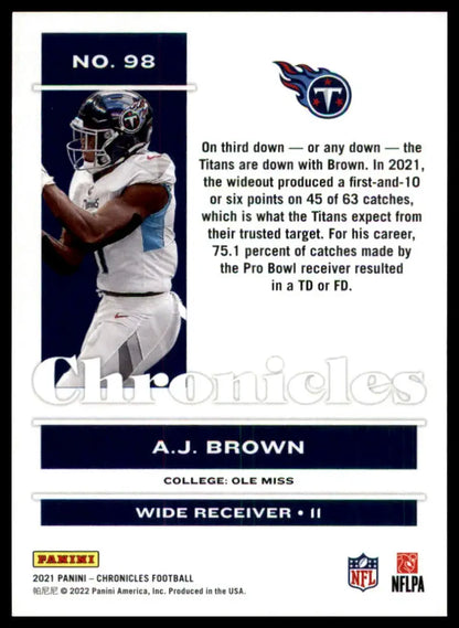 Football trading card of A.J. Brown from Panini Chronicles 2021 Titans series