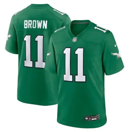 Green A J Brown Philadelphia Eagles Nike game jersey with Brown and number 11 on back