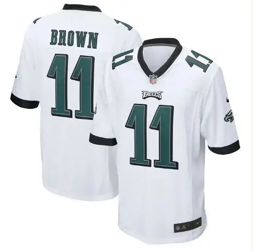 White Philadelphia Eagles A J Brown Nike game jersey with number 11 front and back