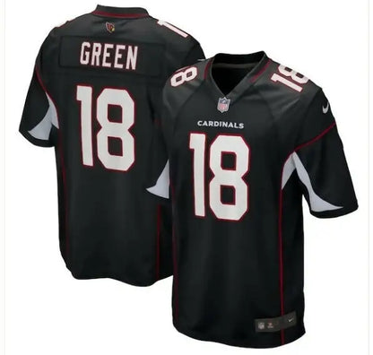 Black Arizona Cardinals A J Green Nike Game Jersey with green lettering and number 18