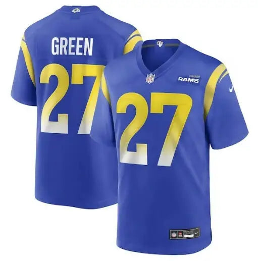 Royal blue Los Angeles Rams Nike Team Game Jersey with gold and white numbers and lettering