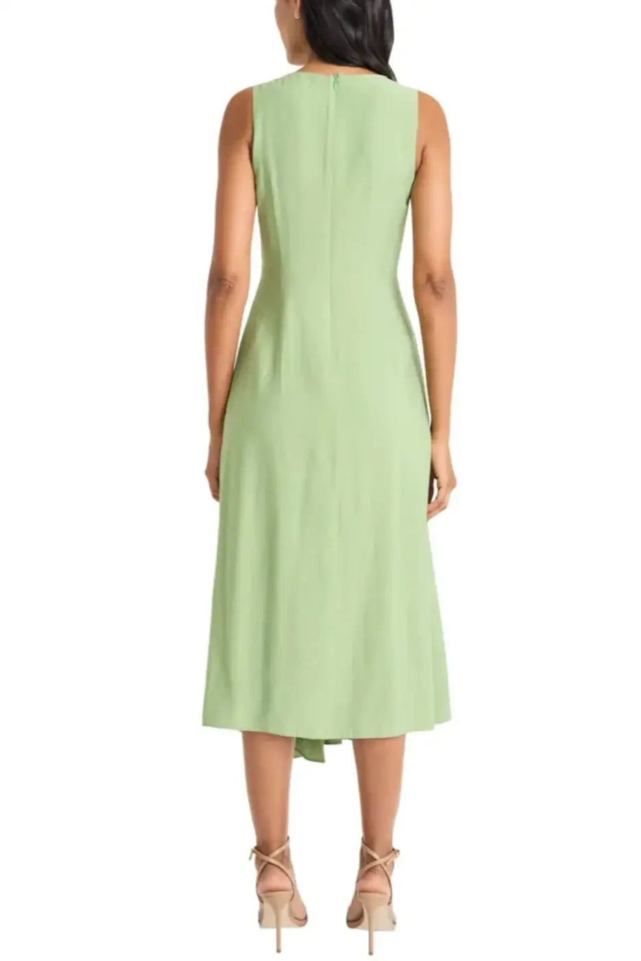 Maggy London sleeveless day dress in light green with high-low hem and V-neckline