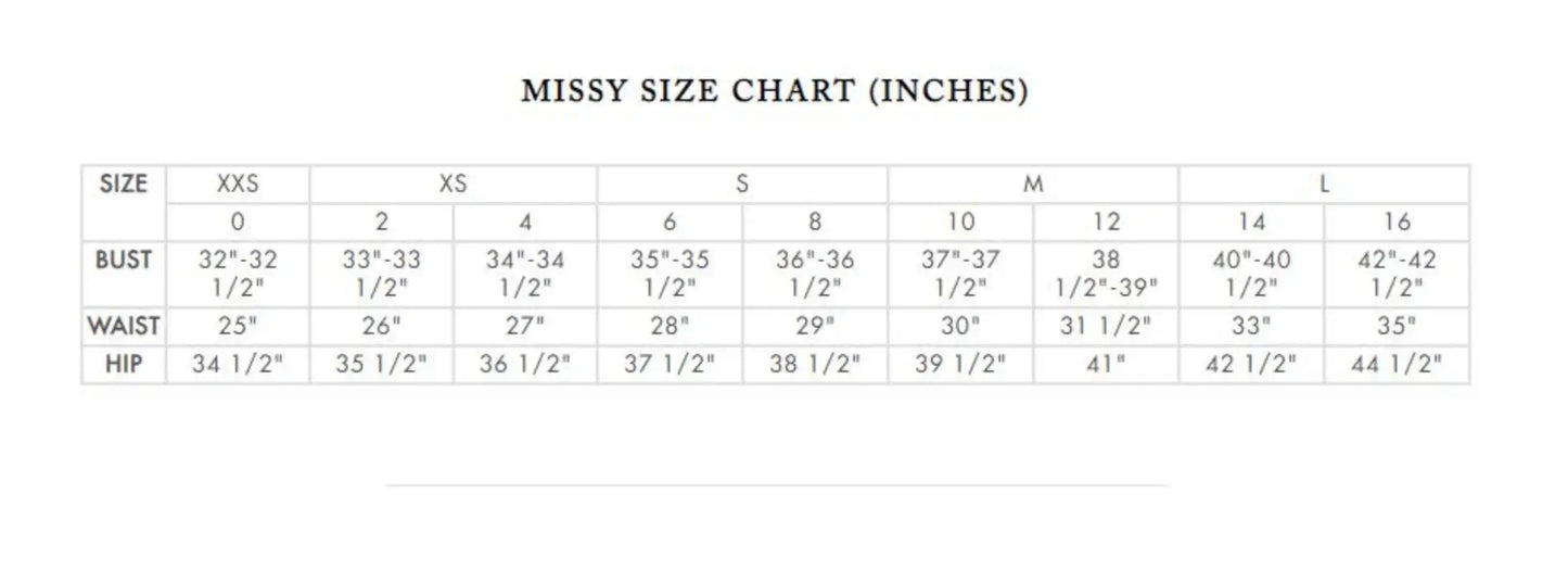 Missy size chart with bust, waist, and hip measurements for Maggy London sleeveless day dress