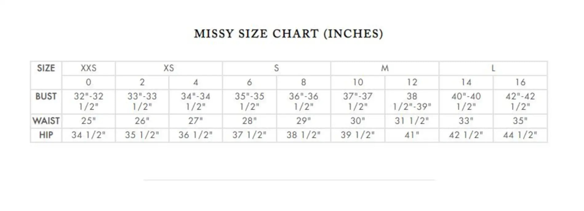 Missy size chart with bust, waist, and hip measurements for Maggy London sleeveless day dress