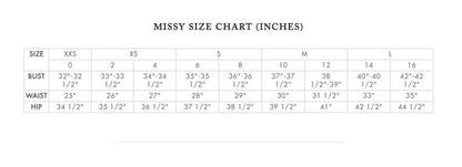 Missy size chart with bust, waist, and hip measurements for Maggy London sleeveless day dress