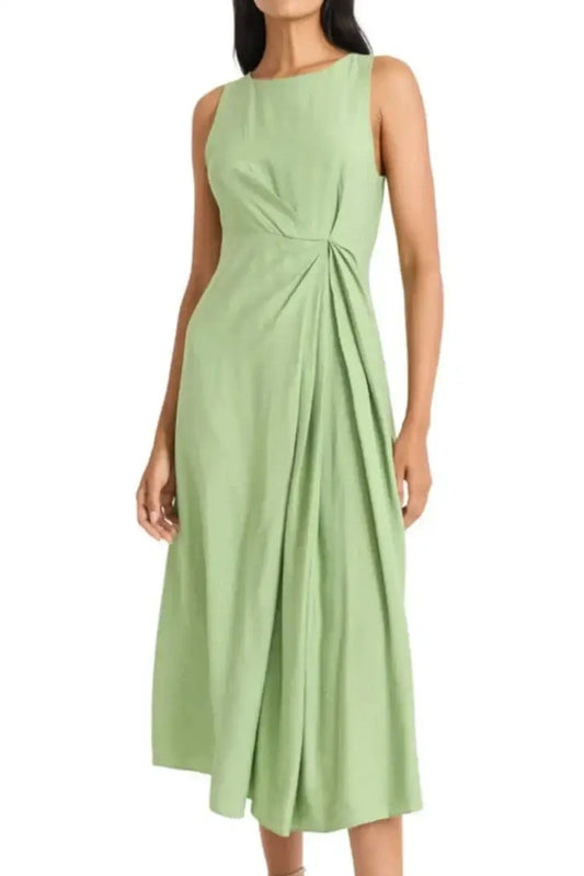 Maggy London sleeveless day dress with twisted draped front in light green midi style
