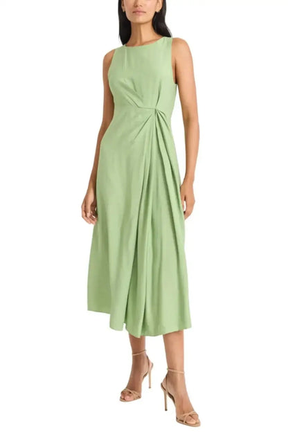 Maggy London sleeveless day dress in light green with twisted waist knot and flowing skirt