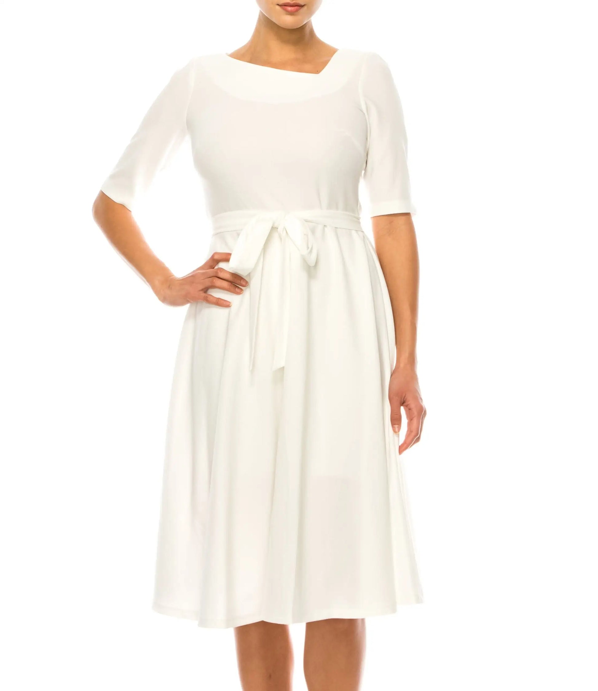 Maison Tara day dress in azure blue with boat neck and waist tie, size 4/6/8 remaining