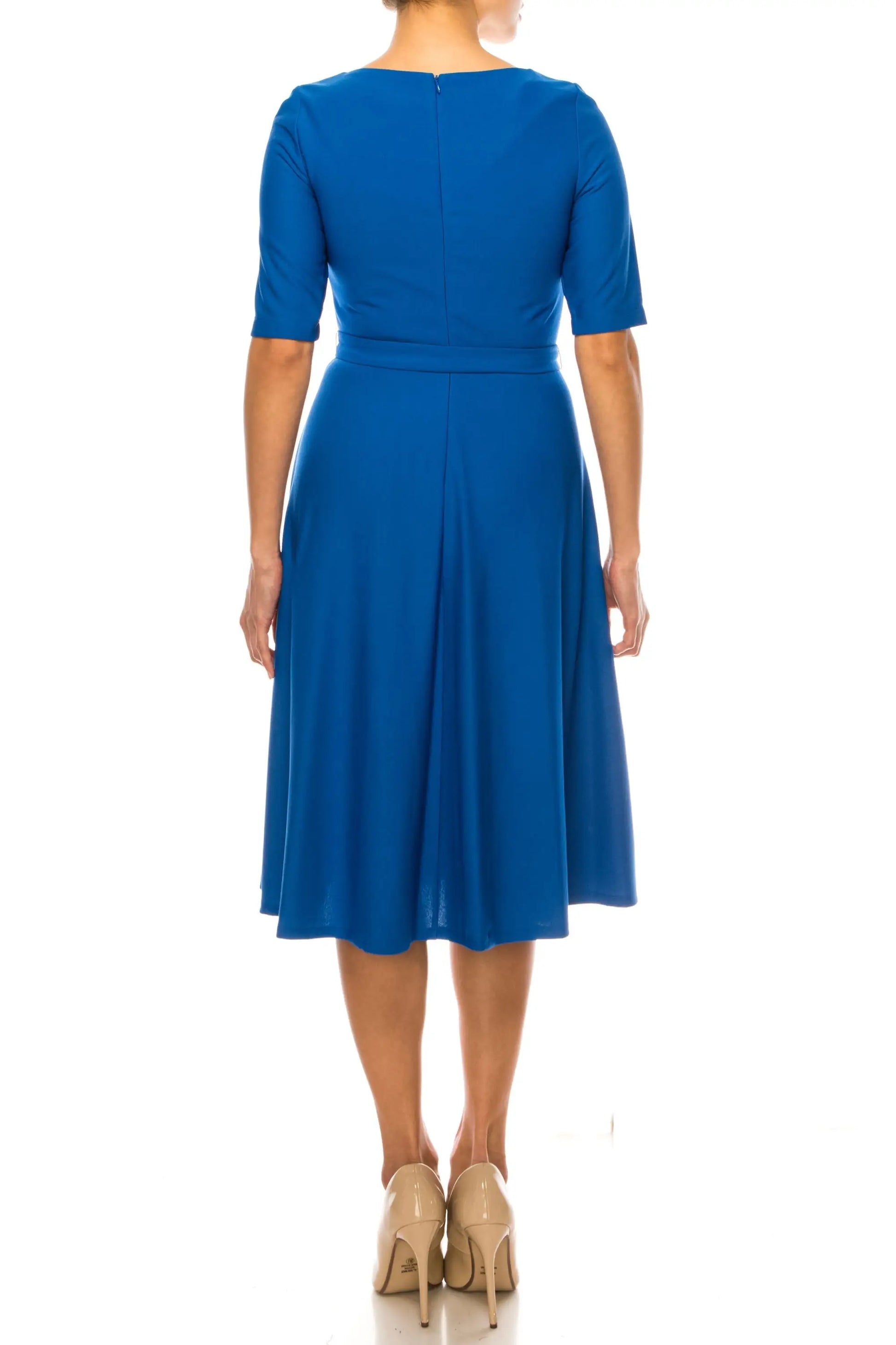 Maison Tara azure blue day dress with elbow sleeves and flared midi skirt
