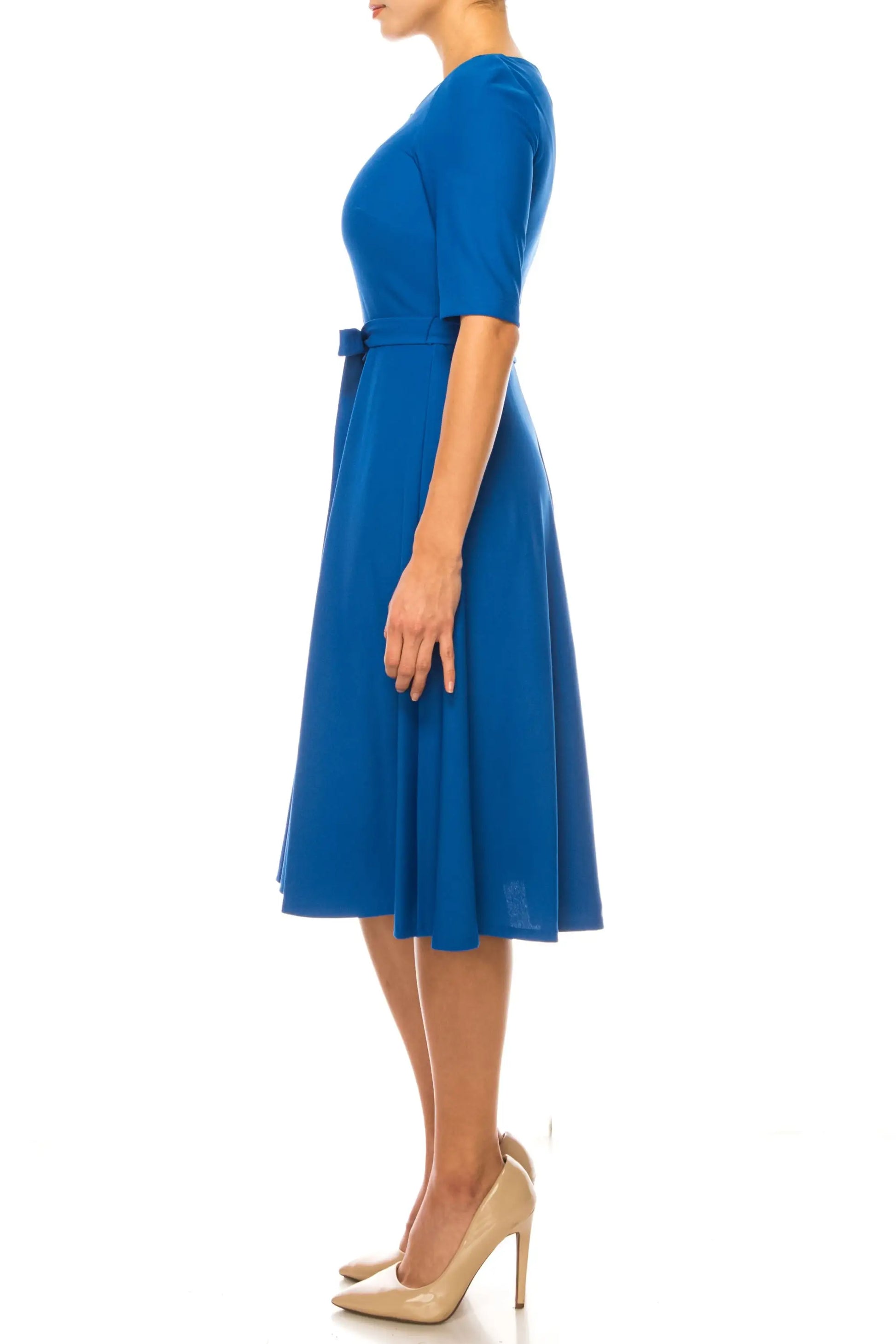 Maison Tara azure blue day dress with elbow sleeves and self-tie belt, perfect for any occasion