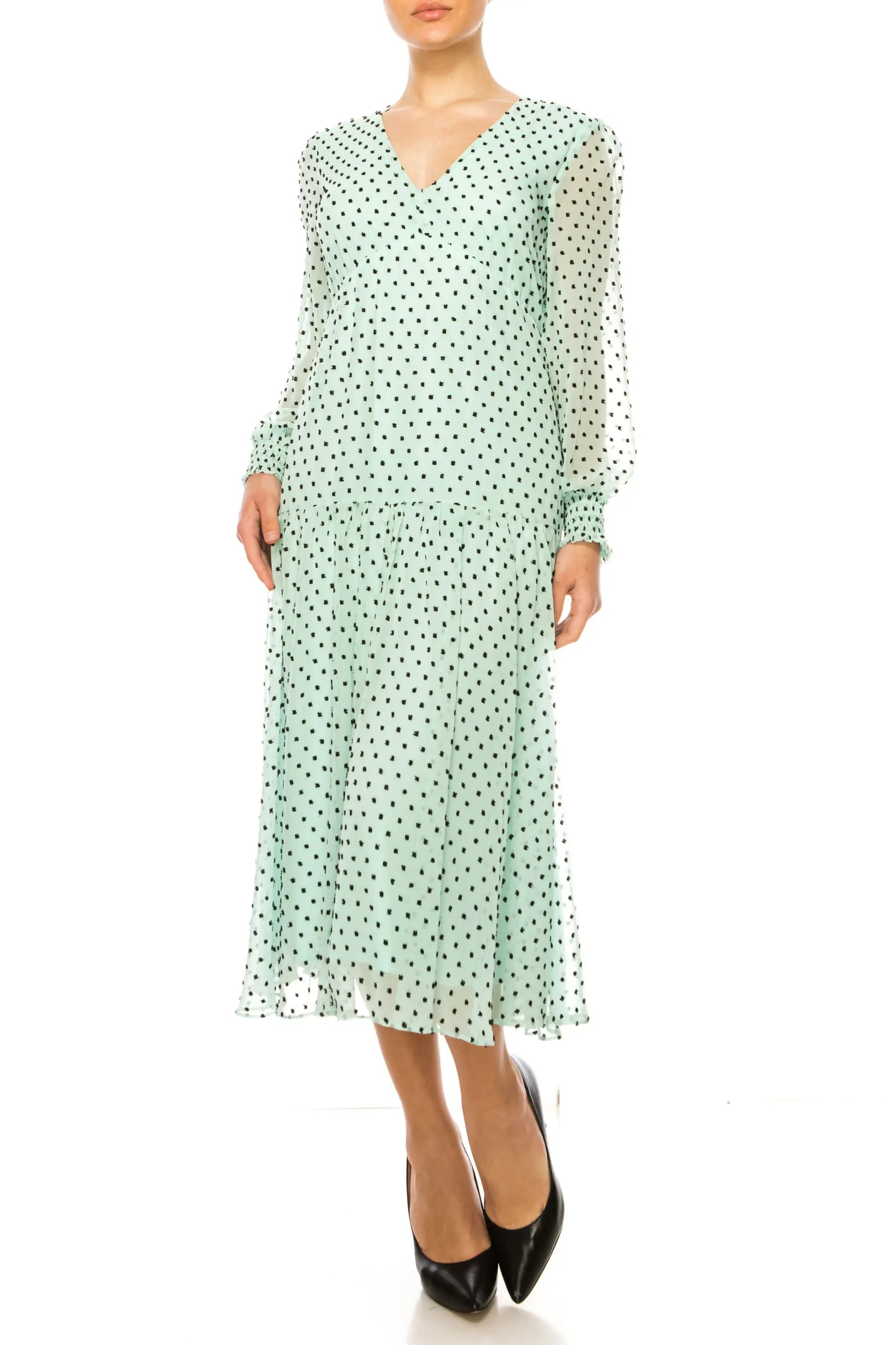 Mint green polka dot chiffon empire drop midi dress from Maison Tara with long sleeves