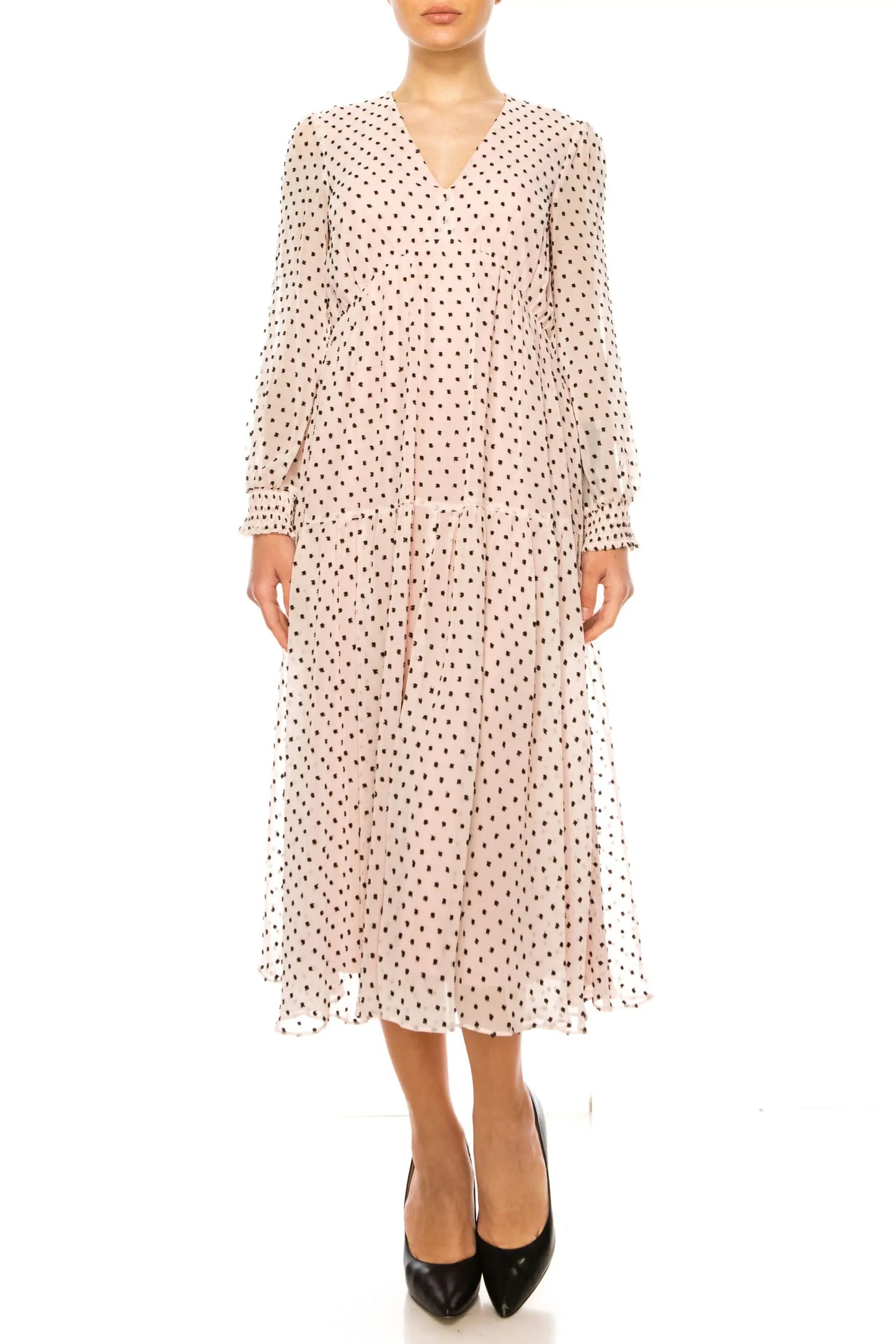 Light pink polka dot Maison Tara midi dress with long sleeves and chiffon empire drop style