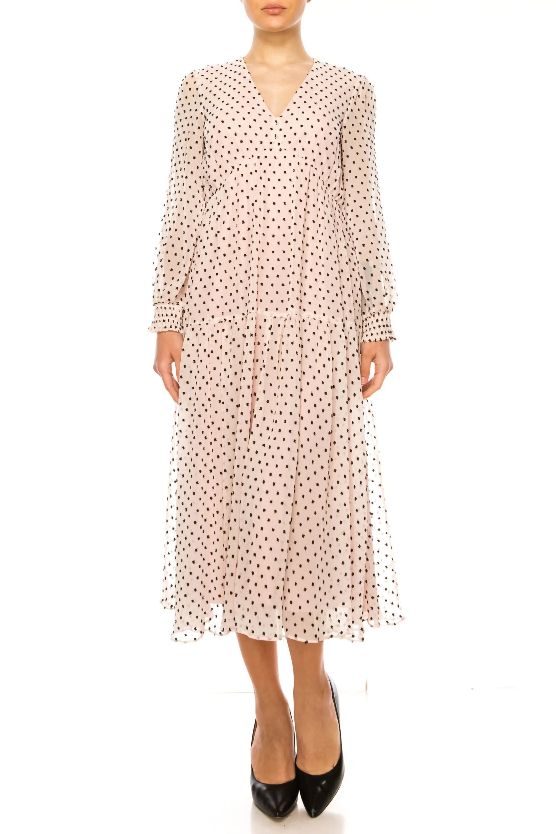 Light pink polka dot Maison Tara midi dress with long sleeves and chiffon empire drop style