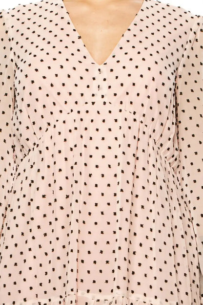 Light pink polka dot maison tara chiffon empire drop midi dress with V-neck and long sleeves