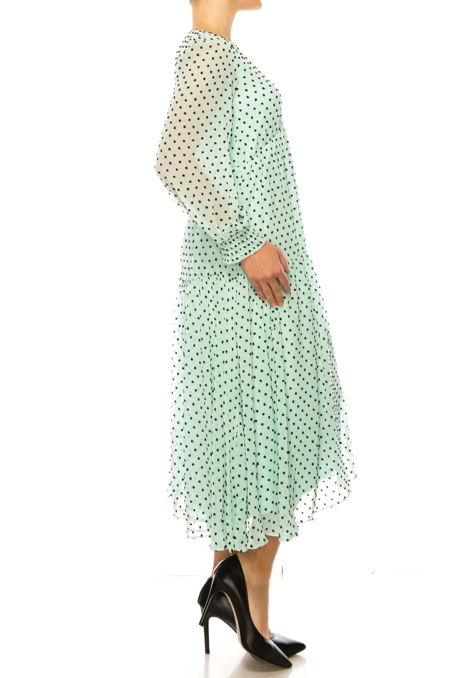 Mint green polka-dot long-sleeve chiffon empire drop midi dress from Maison Tara