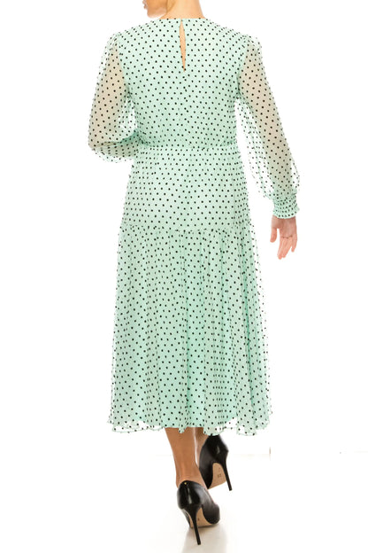 Mint green polka dot Maison Tara chiffon empire drop midi dress with sheer sleeves