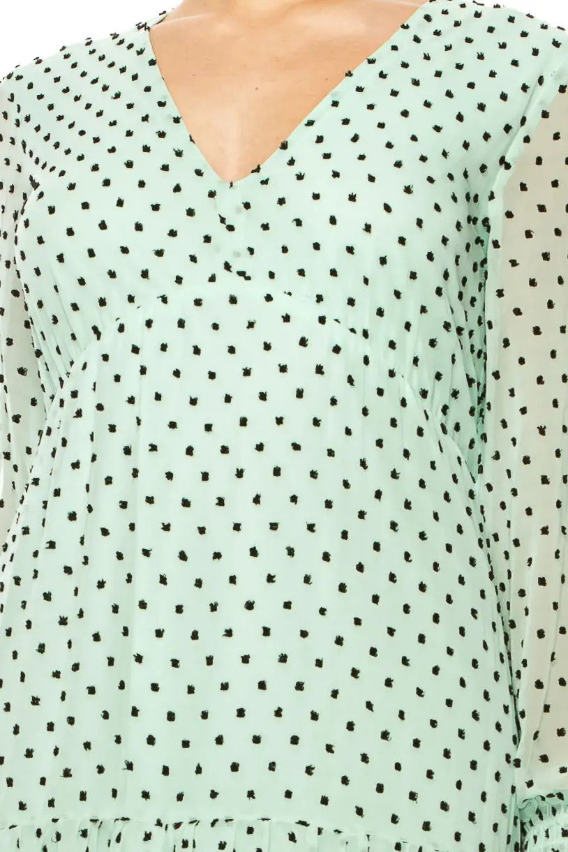 Light green maison tara chiffon empire drop midi dress with black polka dots