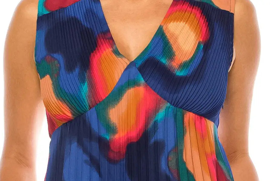 Nicole Miller sleeveless V-neck dress with colorful abstract print and pleated texture