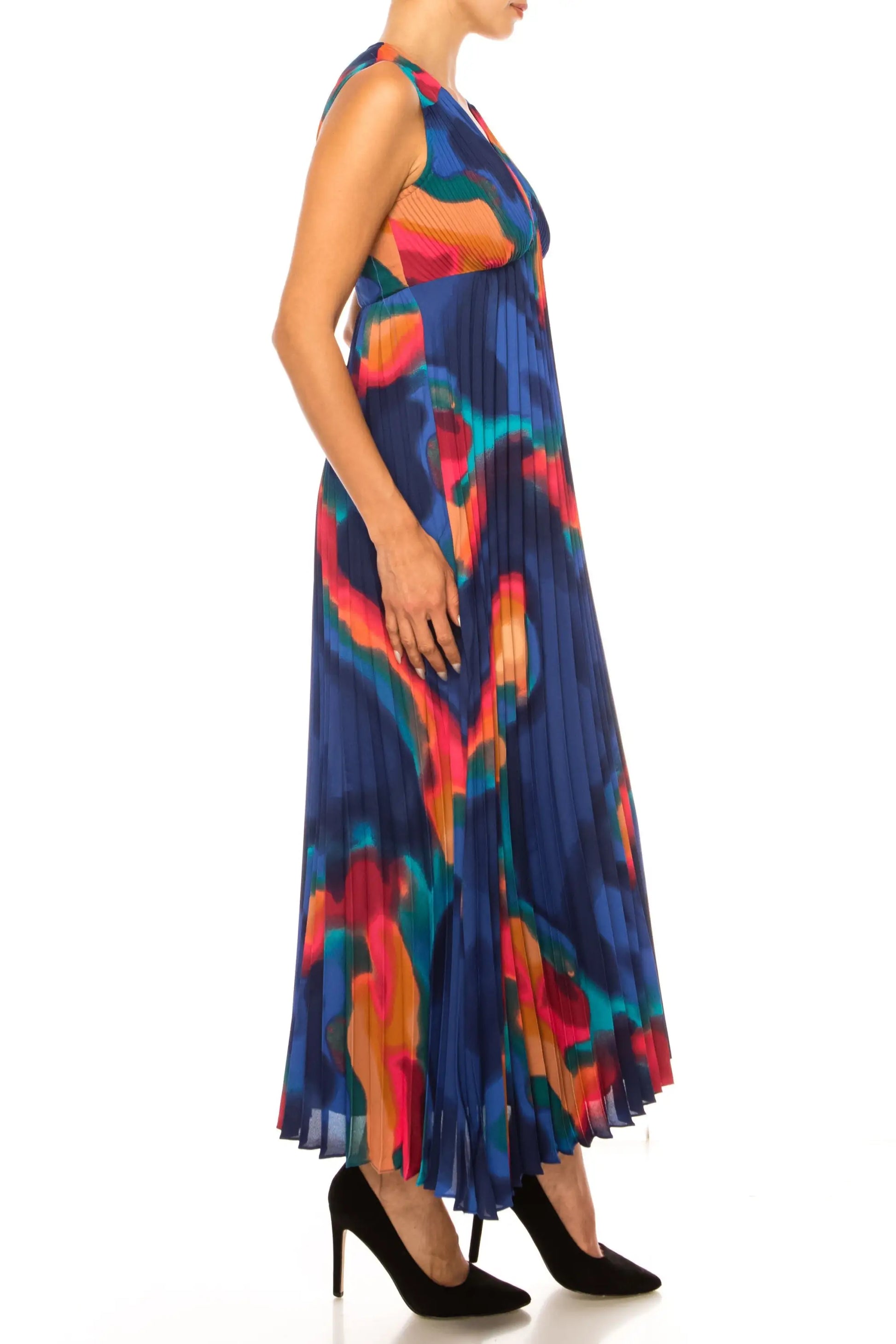 Nicole Miller sleeveless V-neck maxi dress with colorful abstract print and pleated skirt